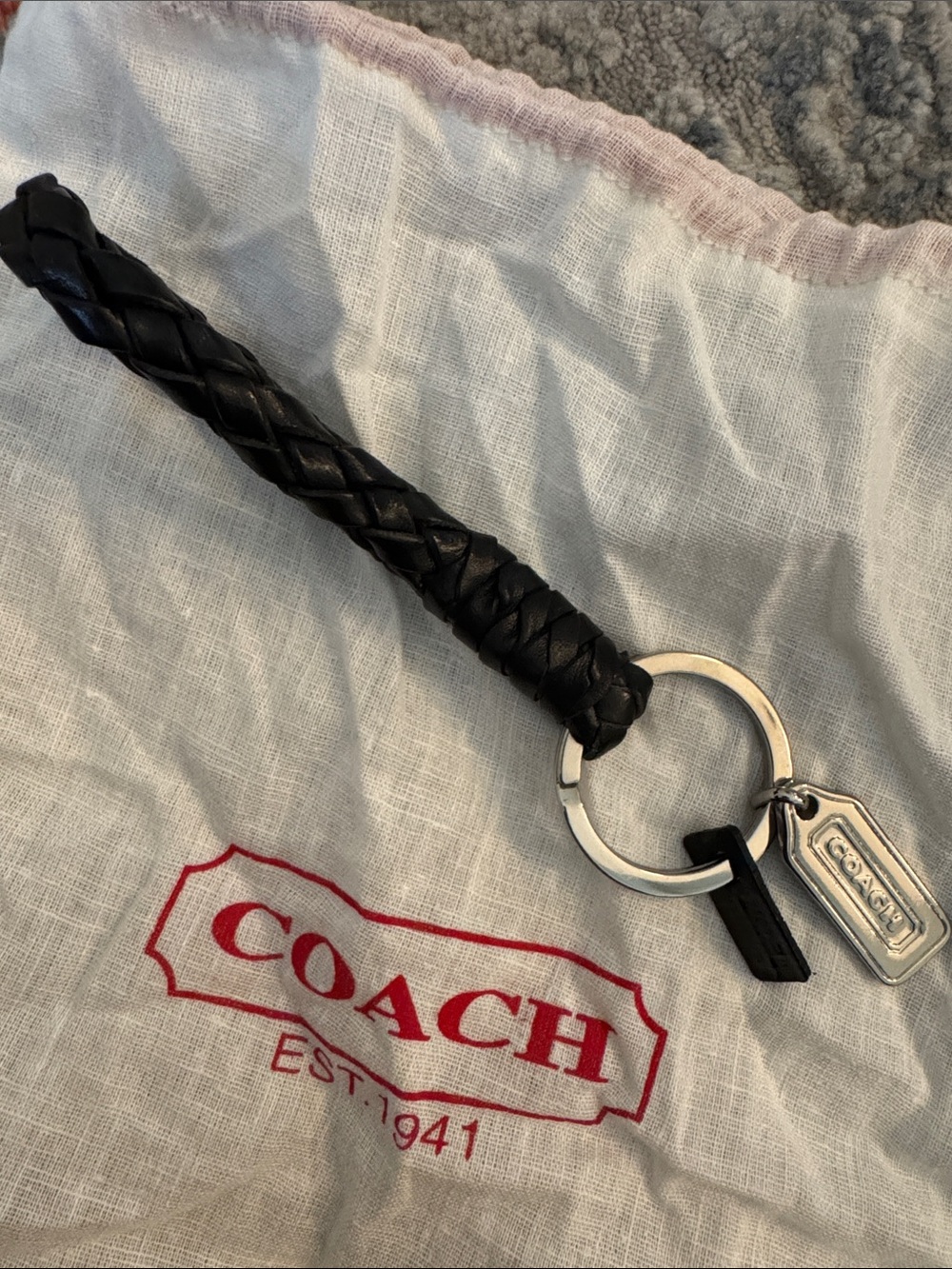 Coach Black Braided Leather Key Ring with Silver Hardware